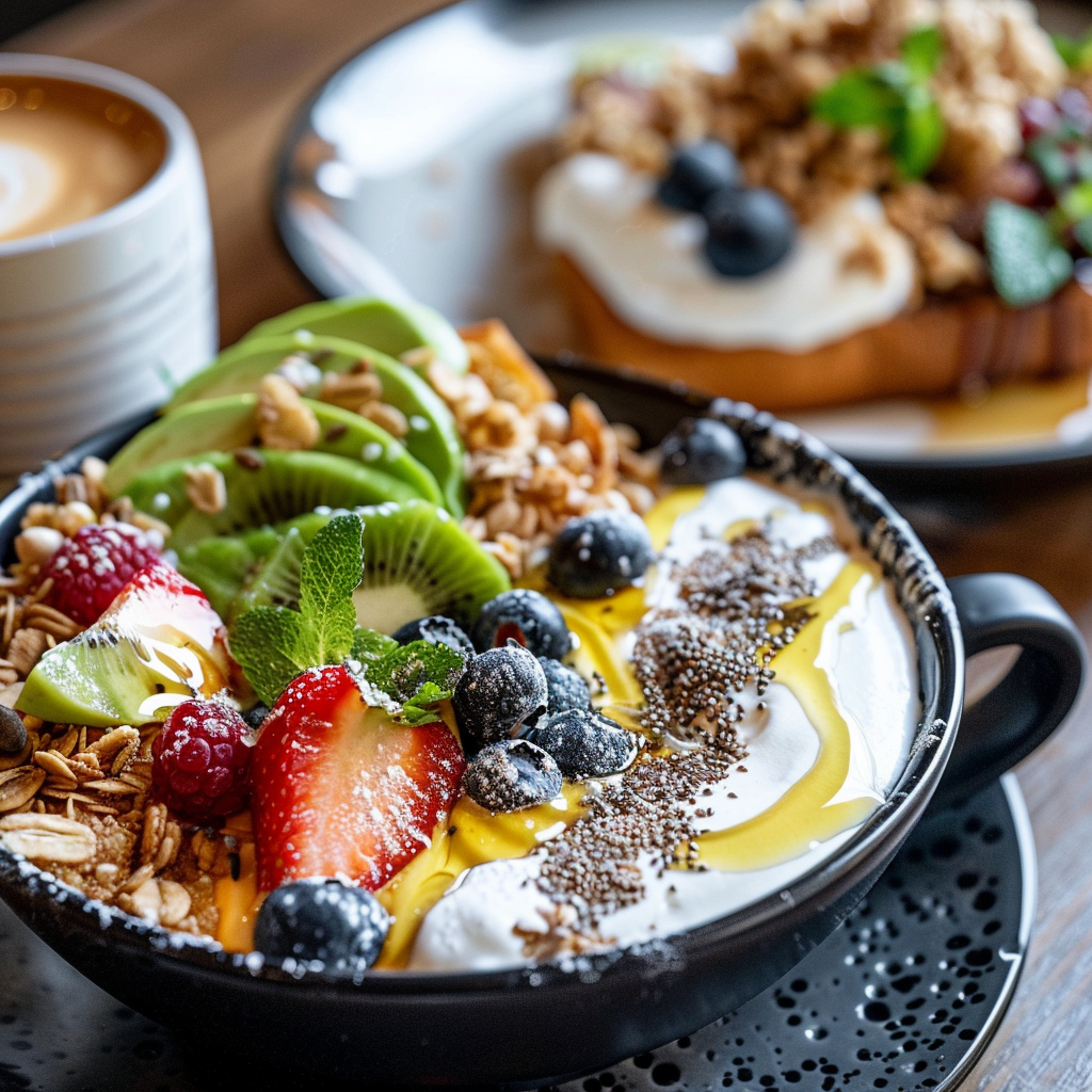 Close-up of viral food trends including whipped coffee, smoothie bowl with fruits, and avocado toast drizzled with honey