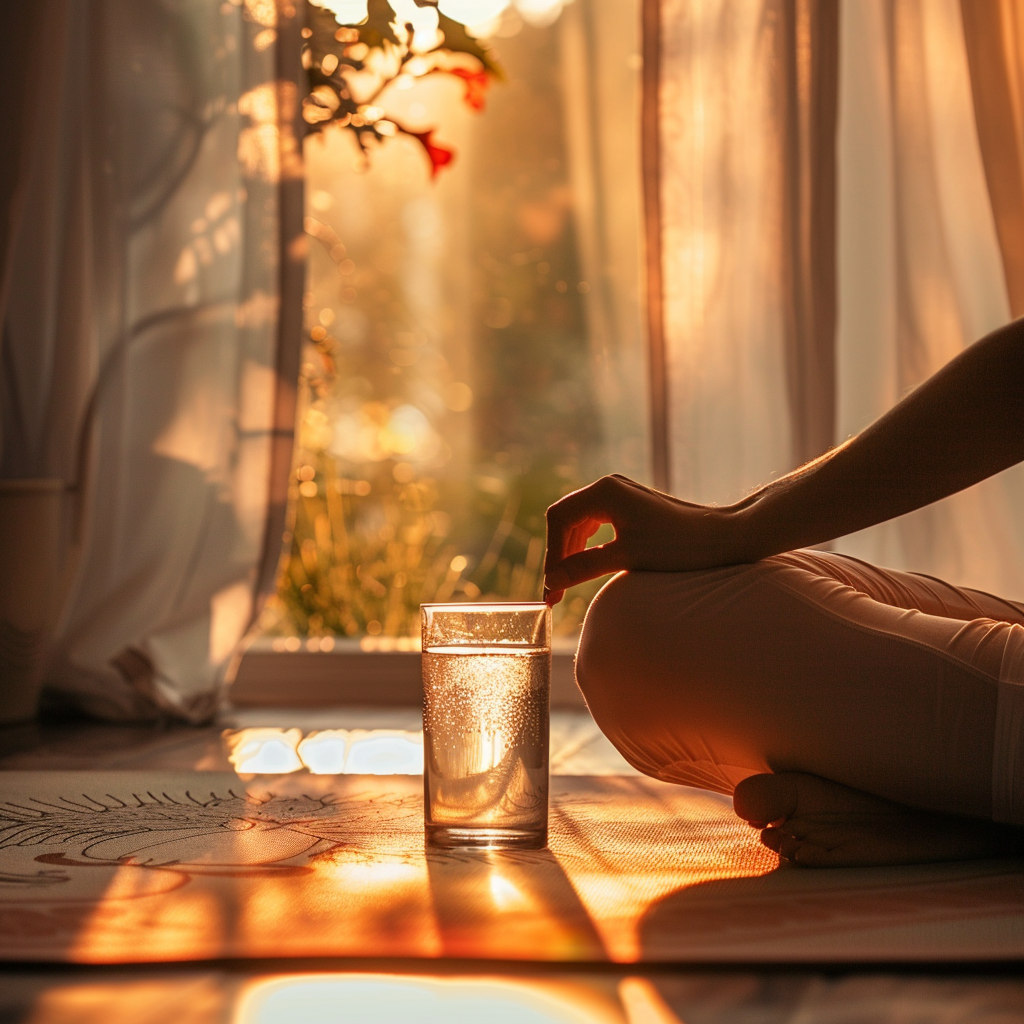 A person stretching on a yoga mat while holding a glass of water in morning sunlight.