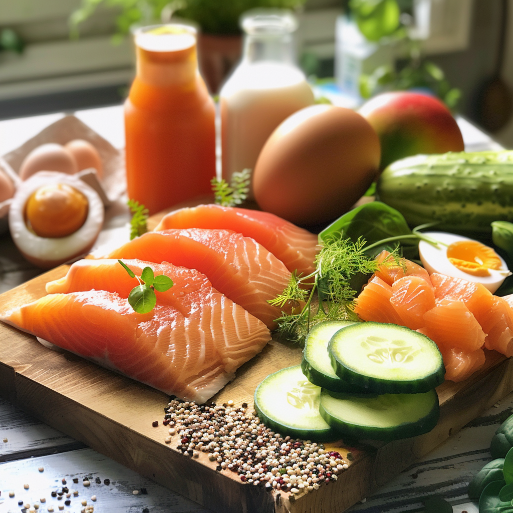 A vibrant table filled with healthy foods like chicken, salmon, eggs, quinoa, and vegetables.