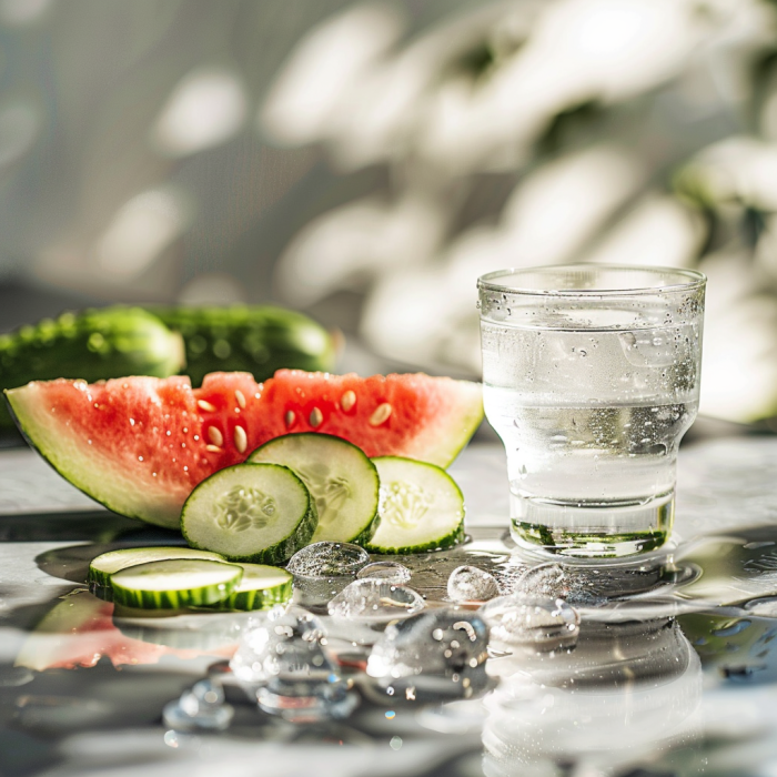 A glass of water surrounded by fresh, hydrating foods like cucumbers and watermelon.