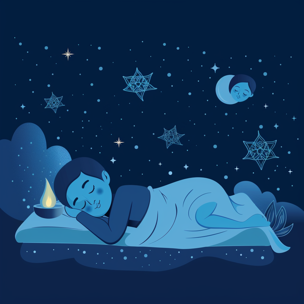 A peaceful scene of a person sleeping in bed under a night sky with glowing stars.