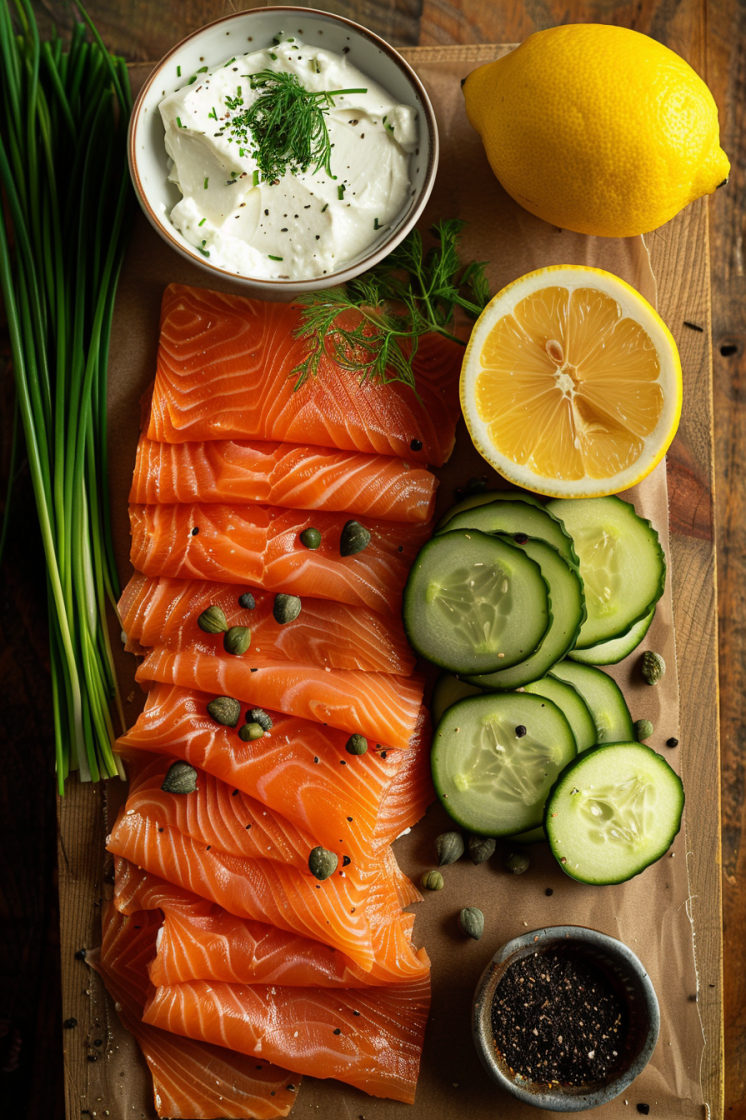 Fresh ingredients for smoked salmon cream cheese rolls arranged on a cutting board