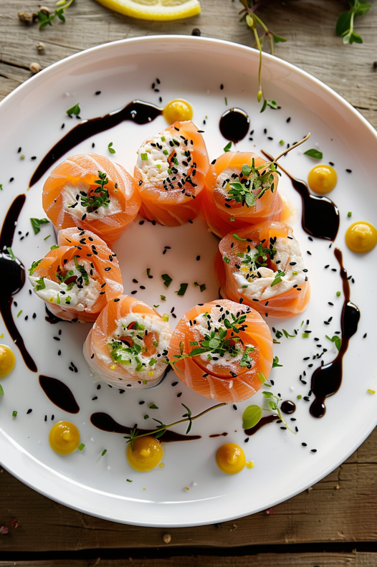 Smoked salmon rolls on a plate with decorative sauce dots