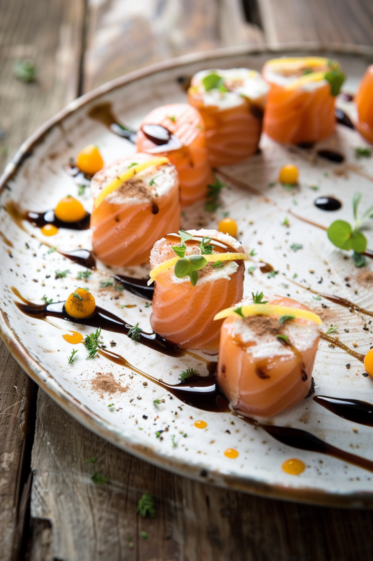 Smoked salmon rolls on a plate with decorative sauce dots