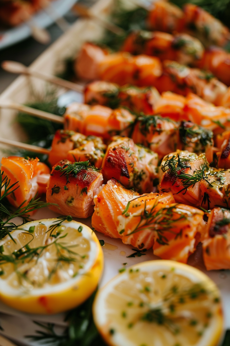 Smoked salmon rolls served on skewers for easy party snacks