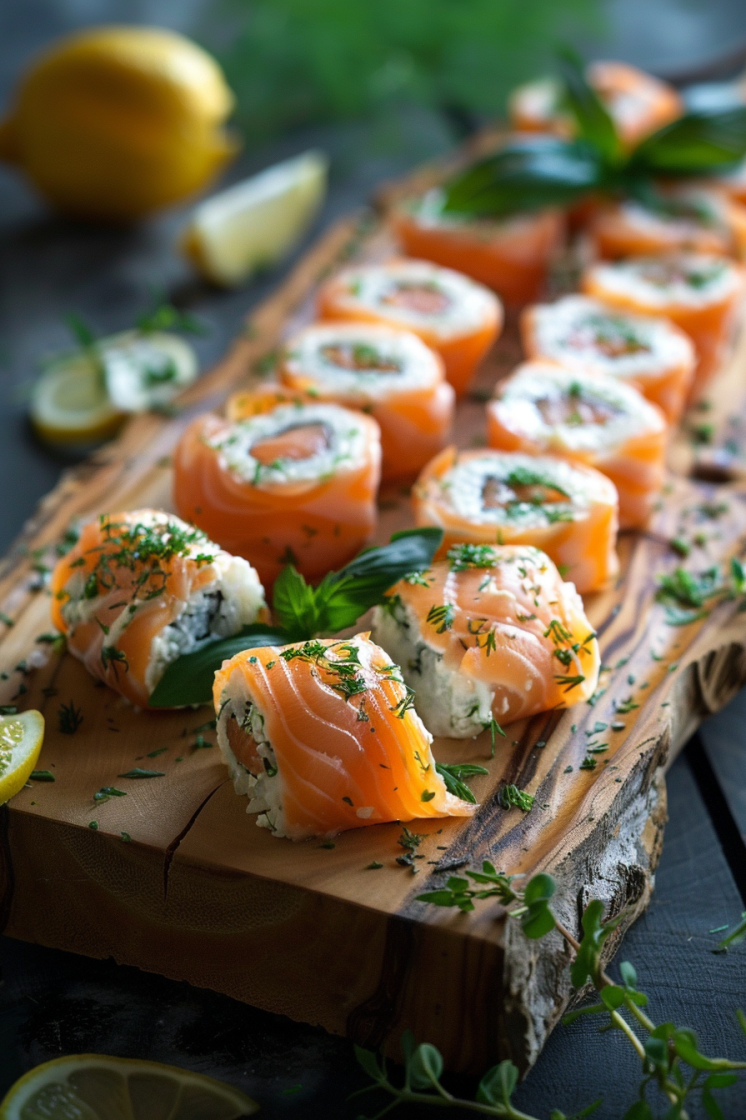 Smoked salmon rolls arranged on a marble serving board with herbs and lemon