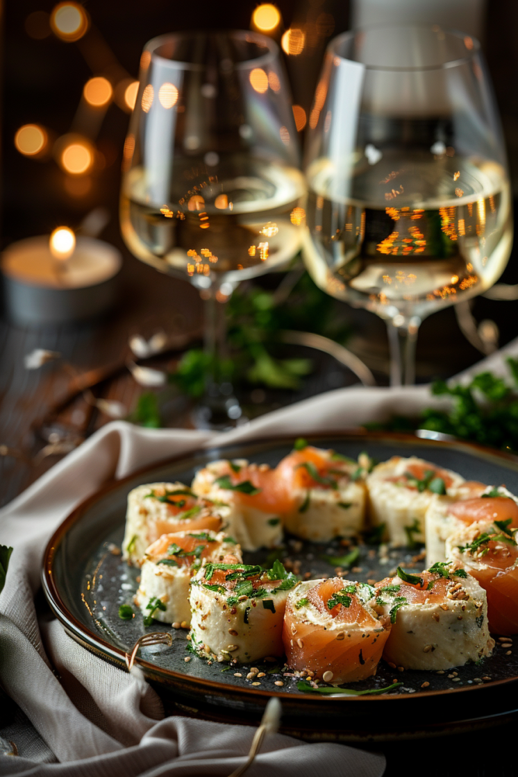 Smoked salmon rolls served with a glass of white wine