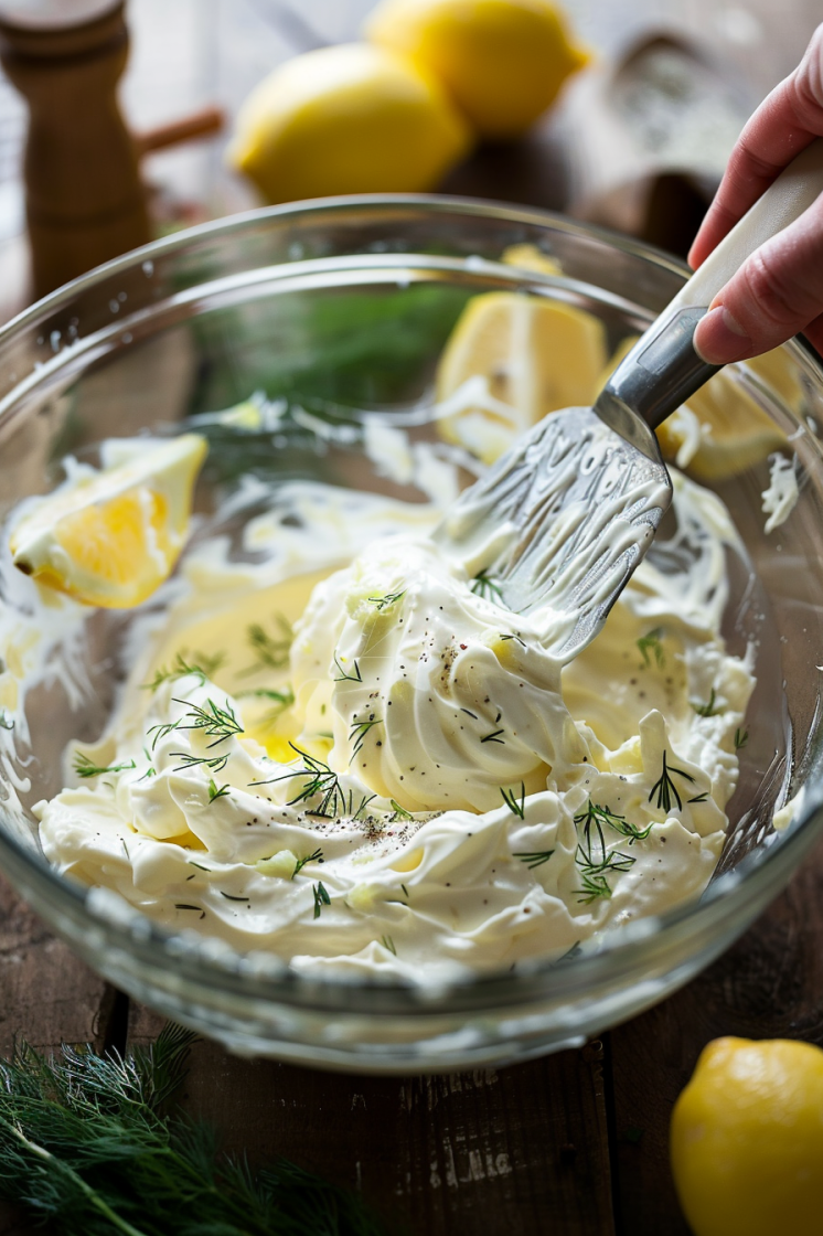 Mixing cream cheese with lemon juice, dill, and black pepper in a bowl