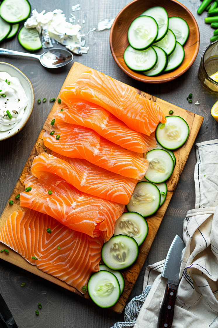 Slices of smoked salmon laid out on a wooden cutting board