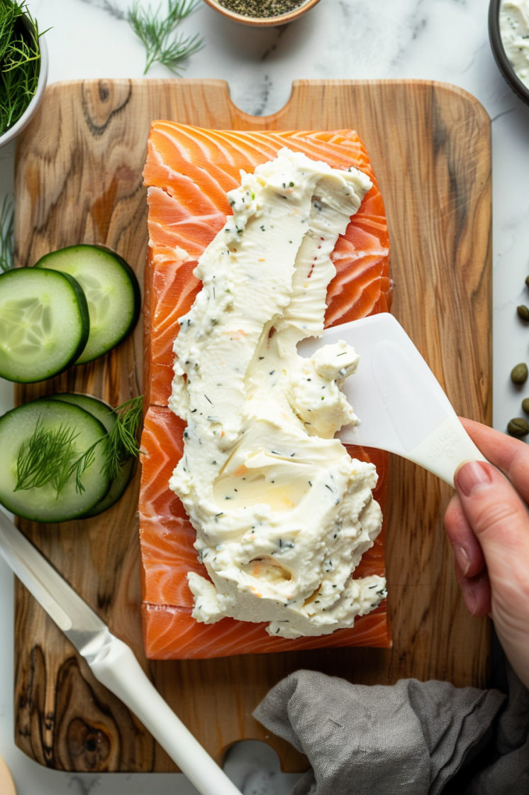 Spreading cream cheese on a slice of smoked salmon with a spatula