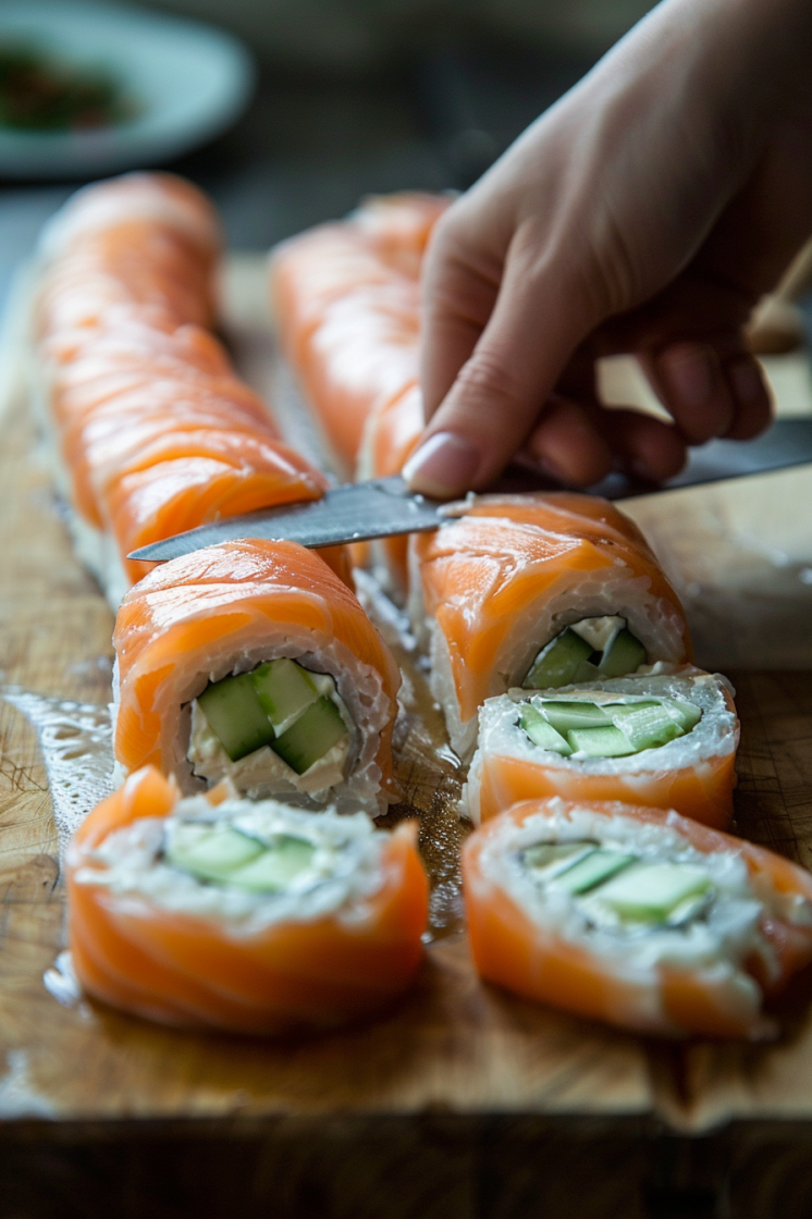 Rolling and slicing smoked salmon with cream cheese and cucumber filling