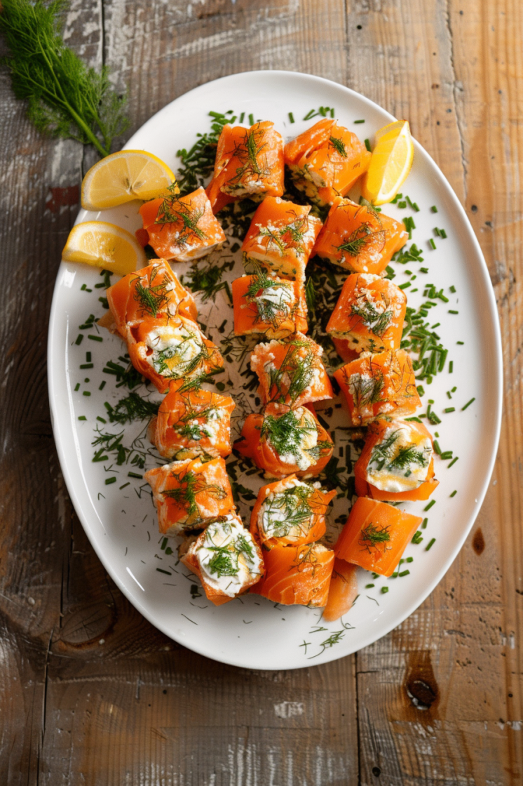 Plated smoked salmon rolls garnished with dill, chives, and lemon wedges.