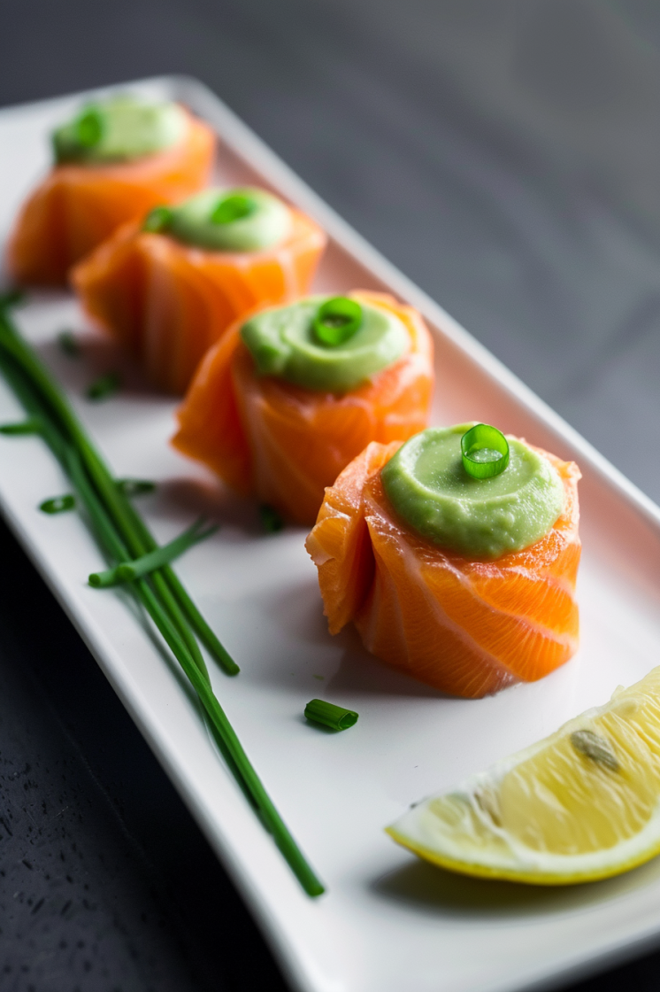 Smoked salmon rolls filled with green avocado cream, neatly arranged on a white plate