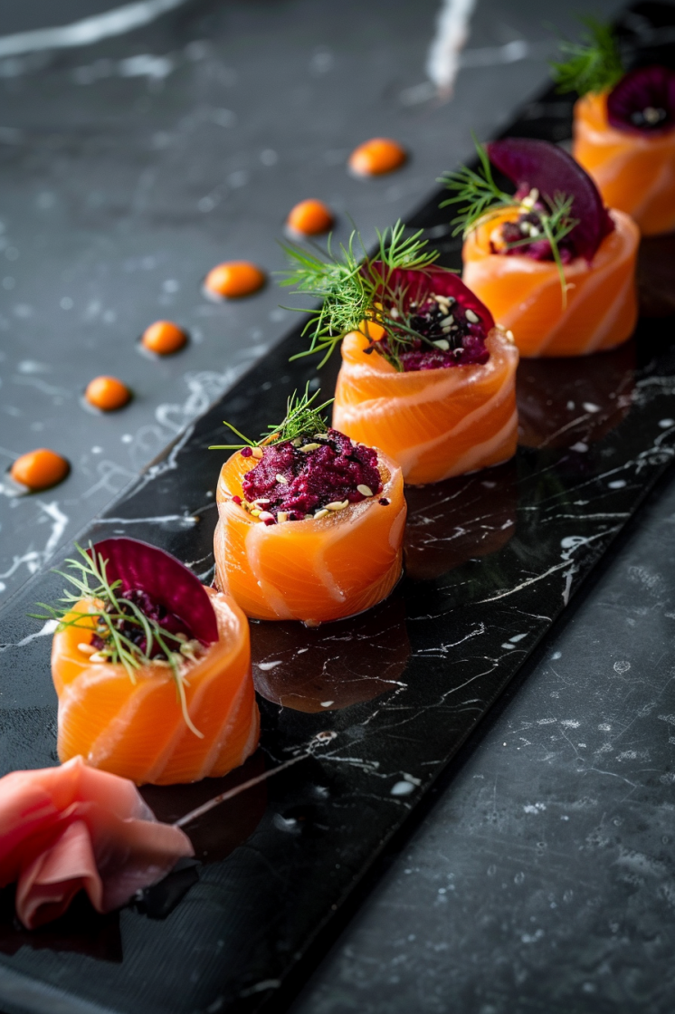 Smoked salmon rolls filled with magenta beet hummus on a black marble slab