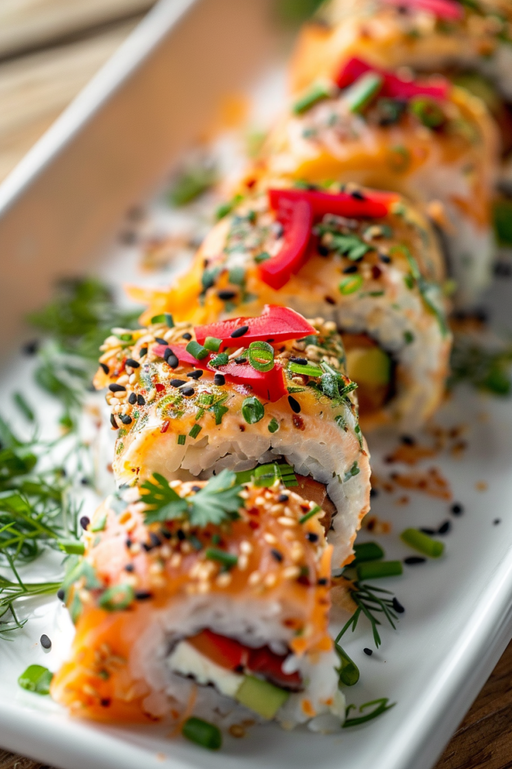 Smoked salmon rolls garnished with red bell pepper slices and herbs