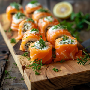 Smoked salmon rolls arranged on a marble serving board with herbs and lemon