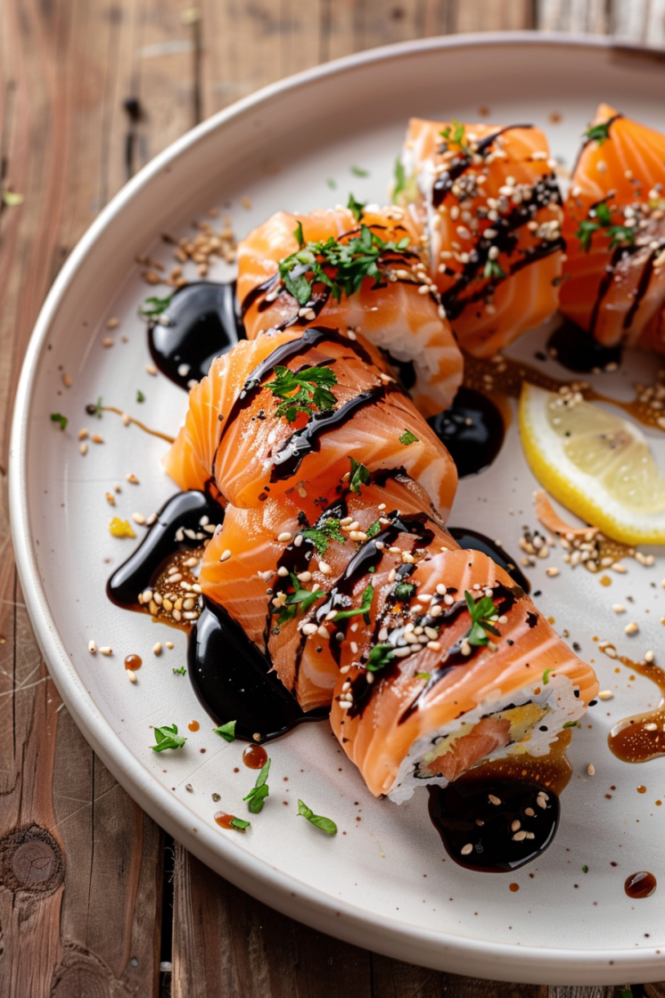 Smoked salmon rolls on a plate with decorative sauce dots