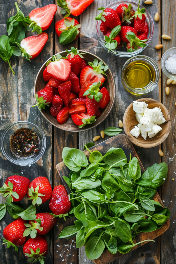 A top-down view of fresh salad ingredients including strawberries, basil, greens, feta, and balsamic glaze.