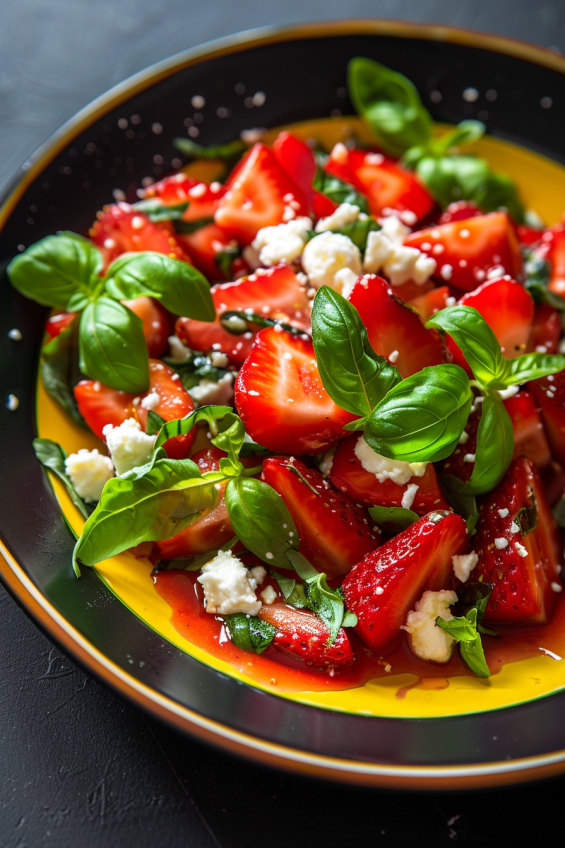 A close-up of a salad showcasing the vibrant contrast between red strawberries, green basil, and white feta.