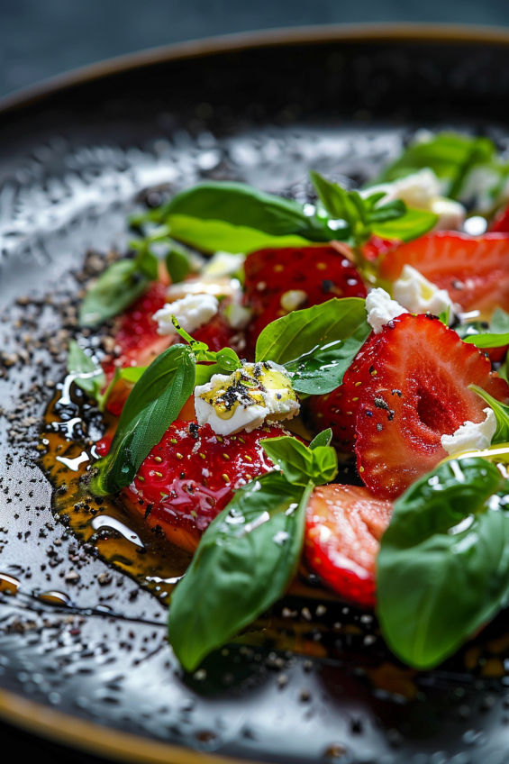 A close-up of a salad showcasing the vibrant contrast between red strawberries, green basil, and white feta.