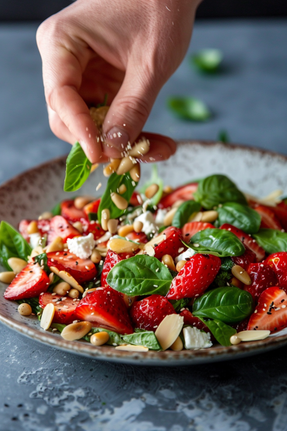 A hand sprinkling toasted pine nuts and sliced almonds over a strawberry basil salad.