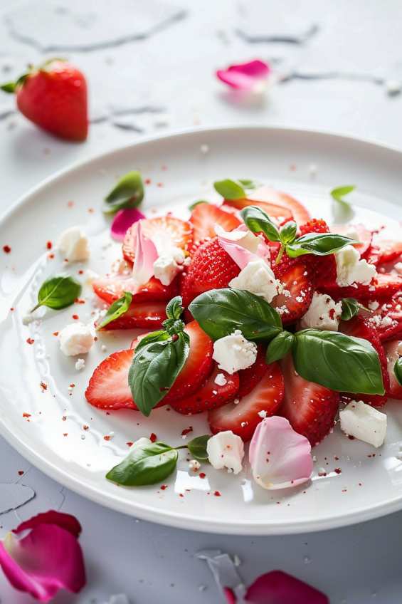 A strawberry basil salad with small decorative rose petals around the edge of the plate.