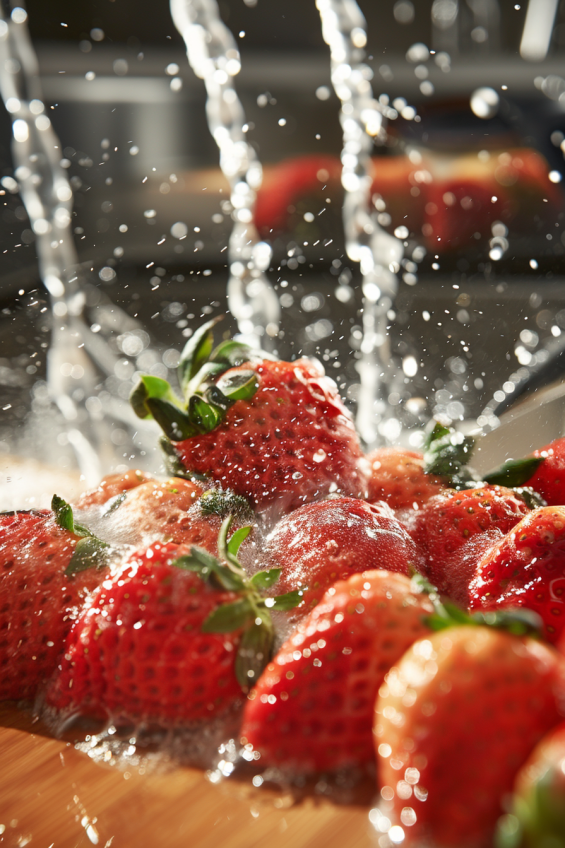 Fresh strawberries being washed and sliced on a wooden cutting board