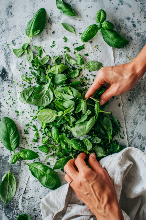 Basil leaves and mixed greens being rinsed and dried.