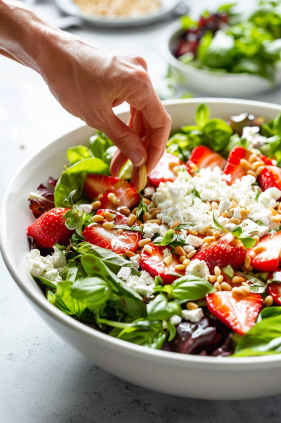 A large bowl of sliced strawberries, mixed greens, basil, and crumbled feta cheese.