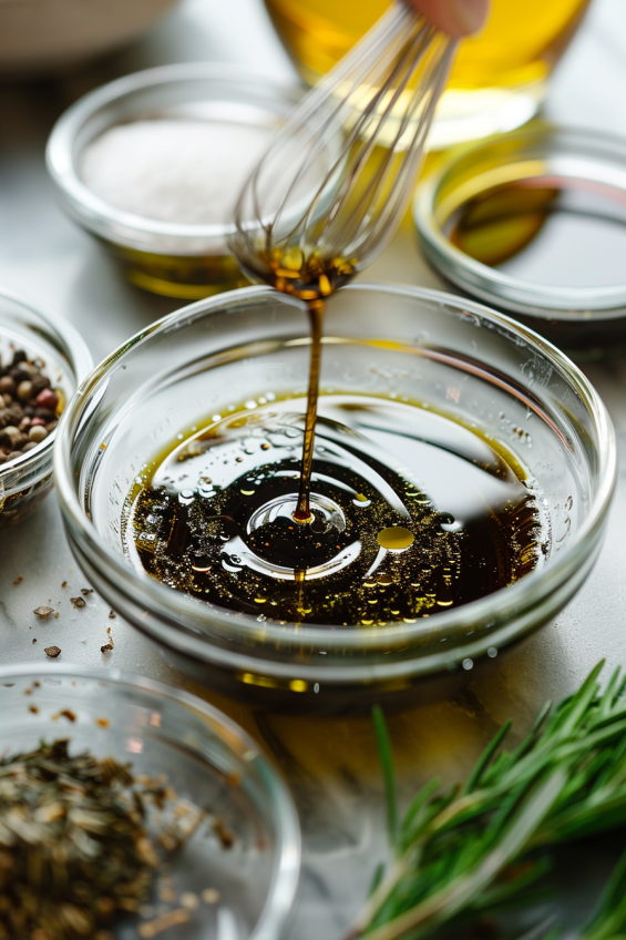 Olive oil, balsamic glaze, salt, and pepper being whisked in a small glass bowl