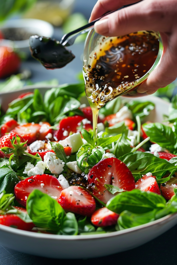 Dressing being poured over a large bowl of salad with strawberries, greens, basil, and feta cheese