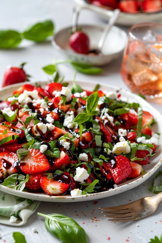 A plated strawberry basil salad with balsamic glaze drizzles, served with a fork and a glass of rosé.