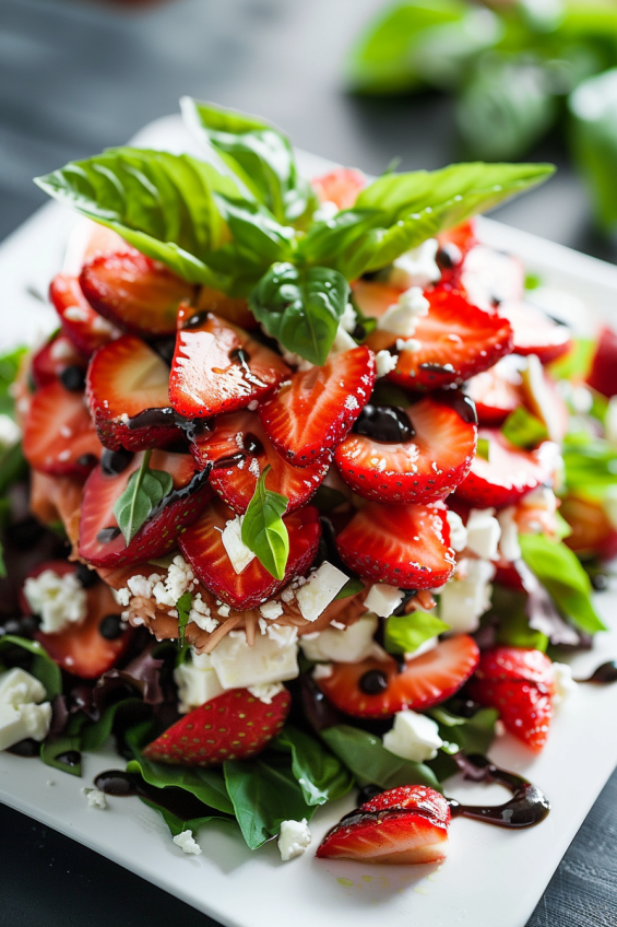 A layered strawberry basil salad on a white plate with greens, strawberries, basil, and crumbled feta cheese.