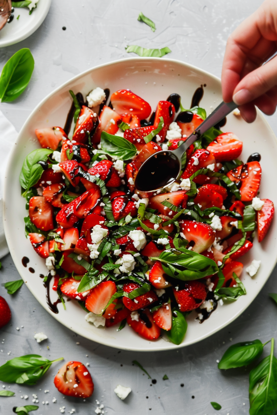 A top-down view of a salad with balsamic glaze drizzled over it in thin, curved lines.