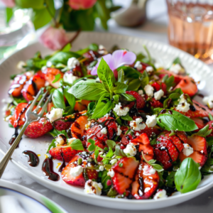 A plated strawberry basil salad with balsamic glaze drizzles, served with a fork and a glass of rosé.