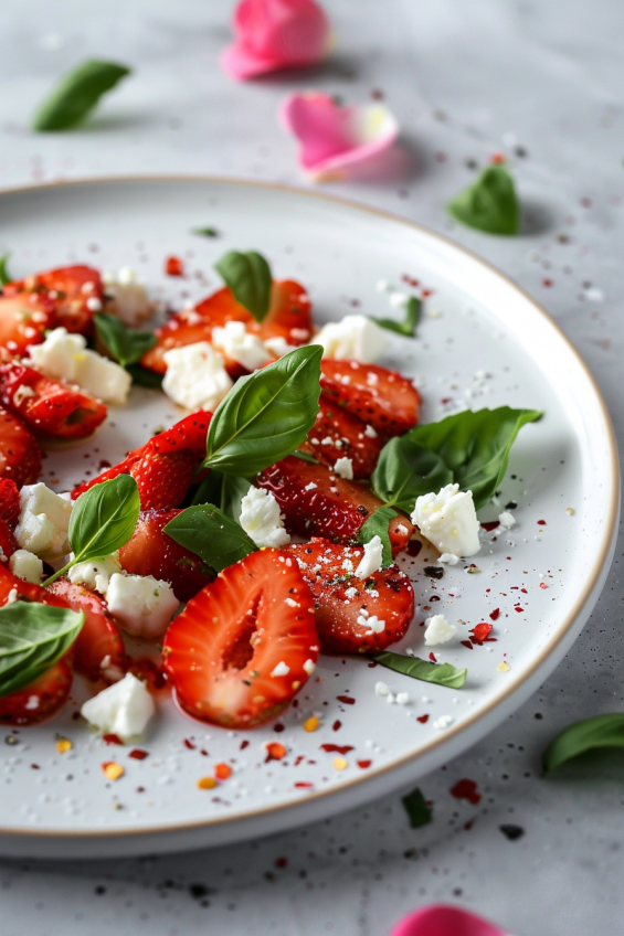 A strawberry basil salad with small decorative rose petals around the edge of the plate.