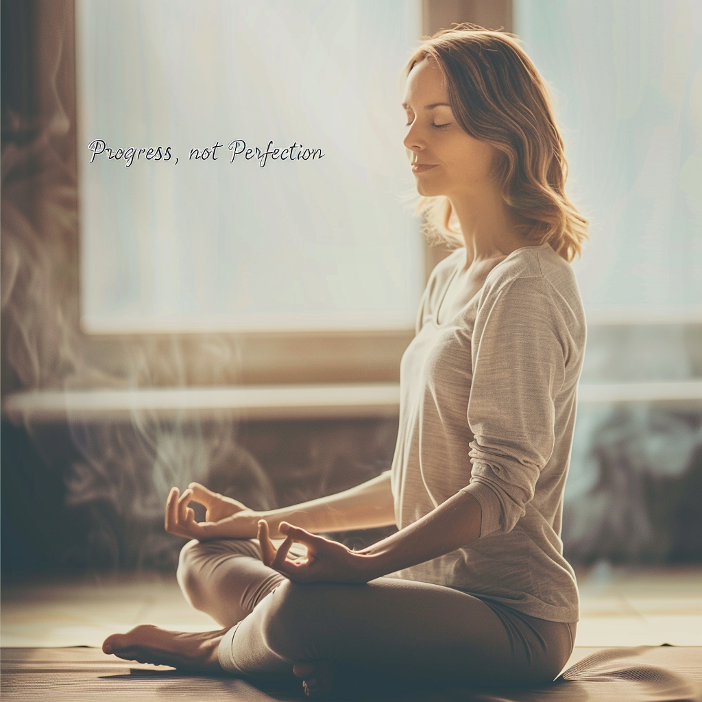 A person meditating in a calm environment with the phrase "Progress, not Perfection.