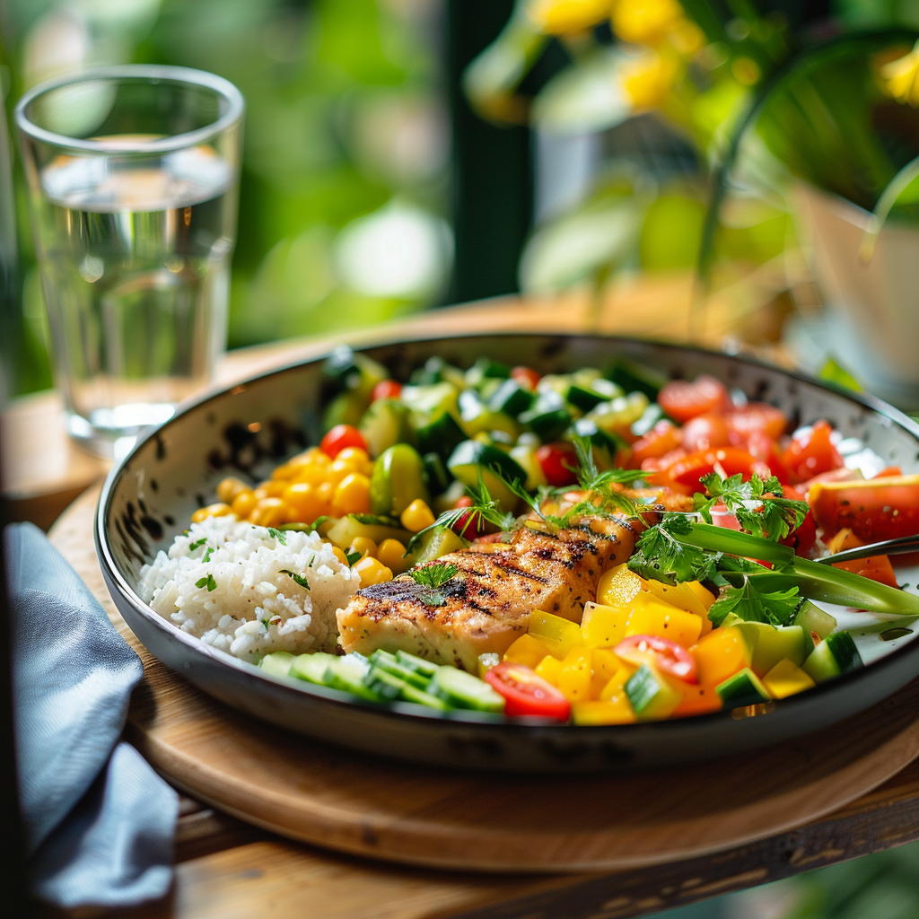 A balanced meal with lean protein, vegetables, and whole grains on a plate, promoting healthy eating habits