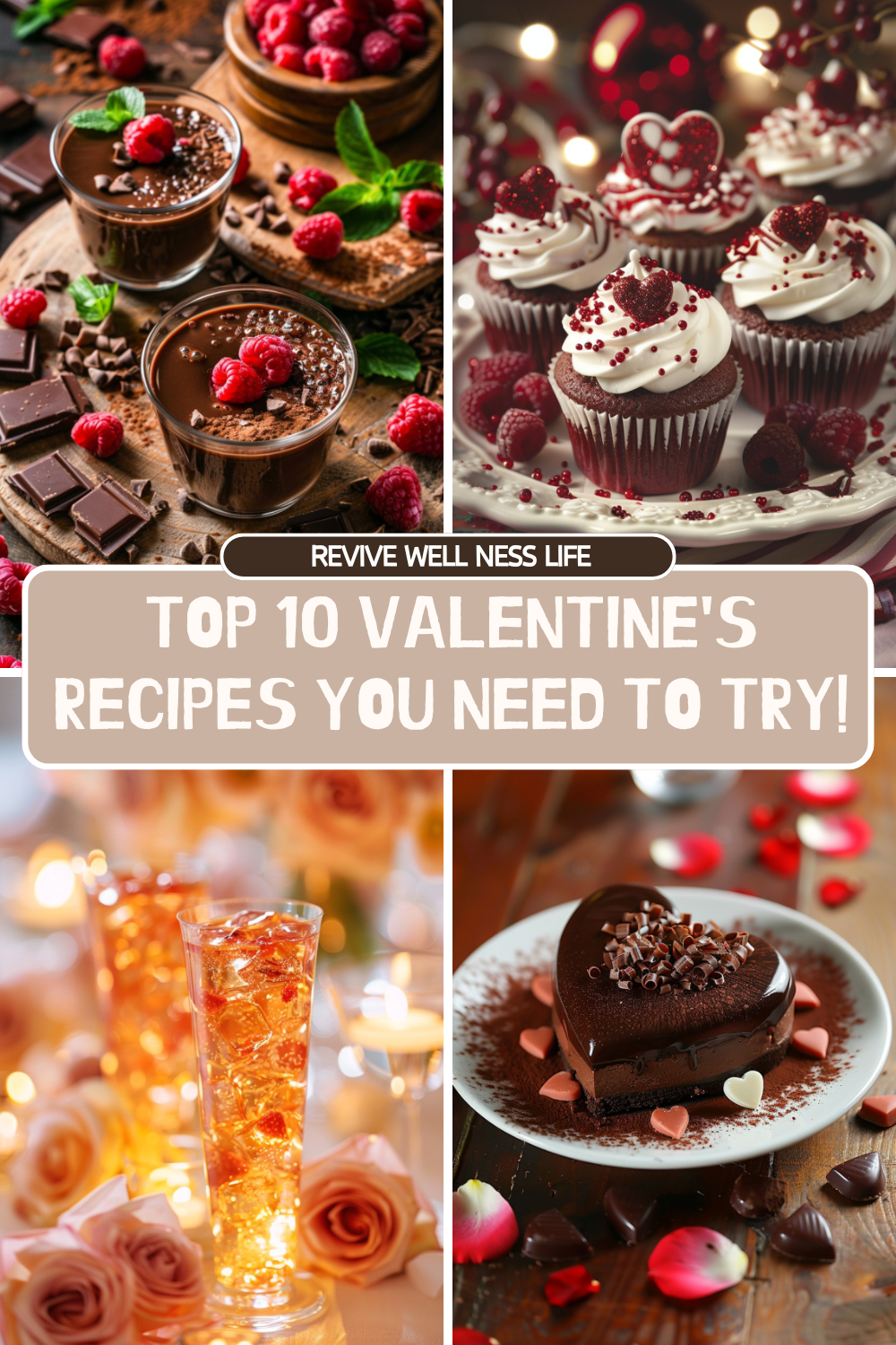 Heart-shaped dessert and romantic Valentine's Day recipes featured on a colorful poster with text in the center