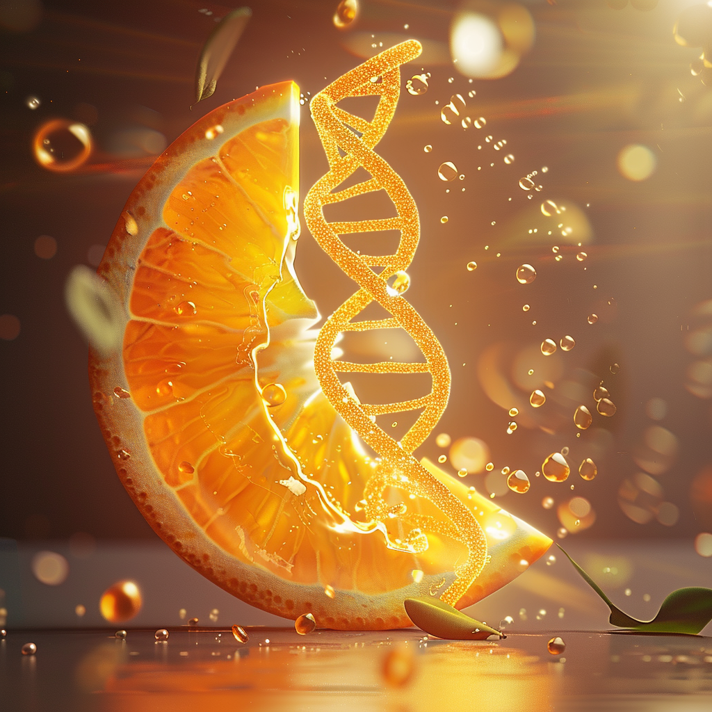 A transparent slice of orange with a glowing DNA double helix inside, representing Vitamin C's importance to health and biology.