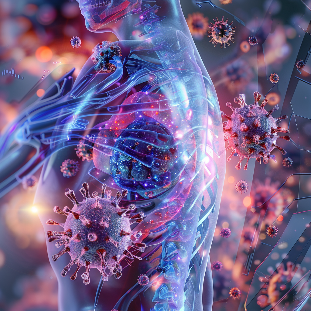 A scientific cross-section of the human body showing immune cells protected by a glowing shield and skin layers with collagen synthesis.