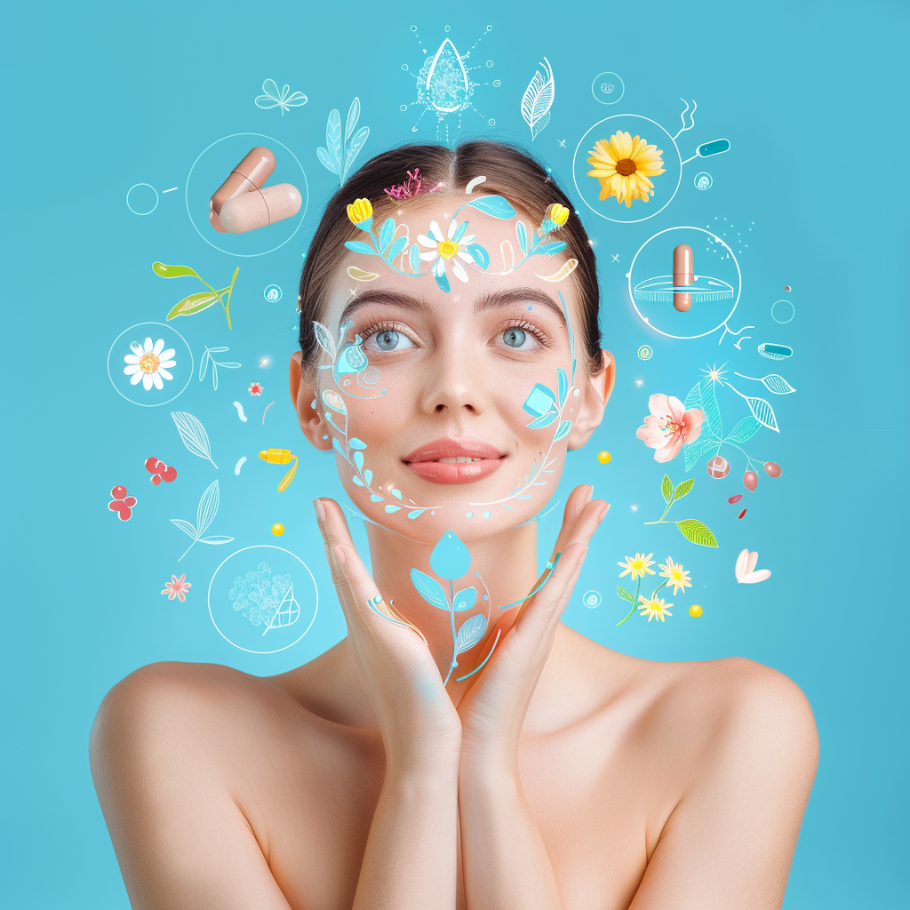 A person with radiant skin surrounded by icons representing Vitamin C's benefits: immune support, antioxidant protection, and collagen production