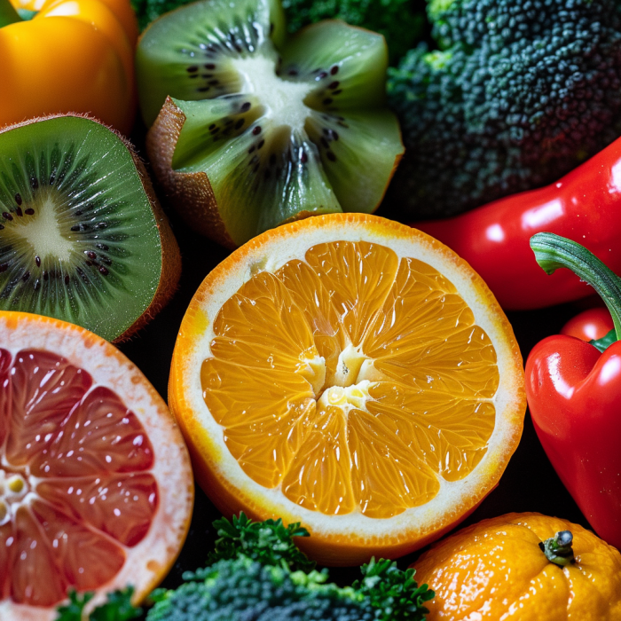 A colorful arrangement of Vitamin C-rich foods, including oranges, kiwis, broccoli, and red bell peppers