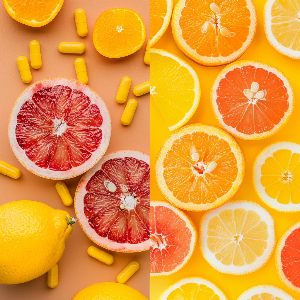 A side-by-side comparison of small and large doses of Vitamin C, represented by capsules and fresh fruits.