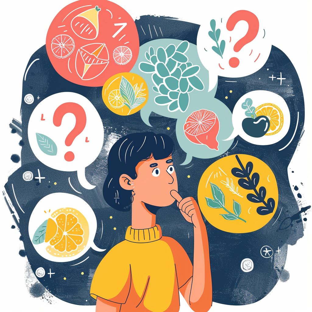 A person surrounded by question marks and thought bubbles, representing common myths and facts about Vitamin C