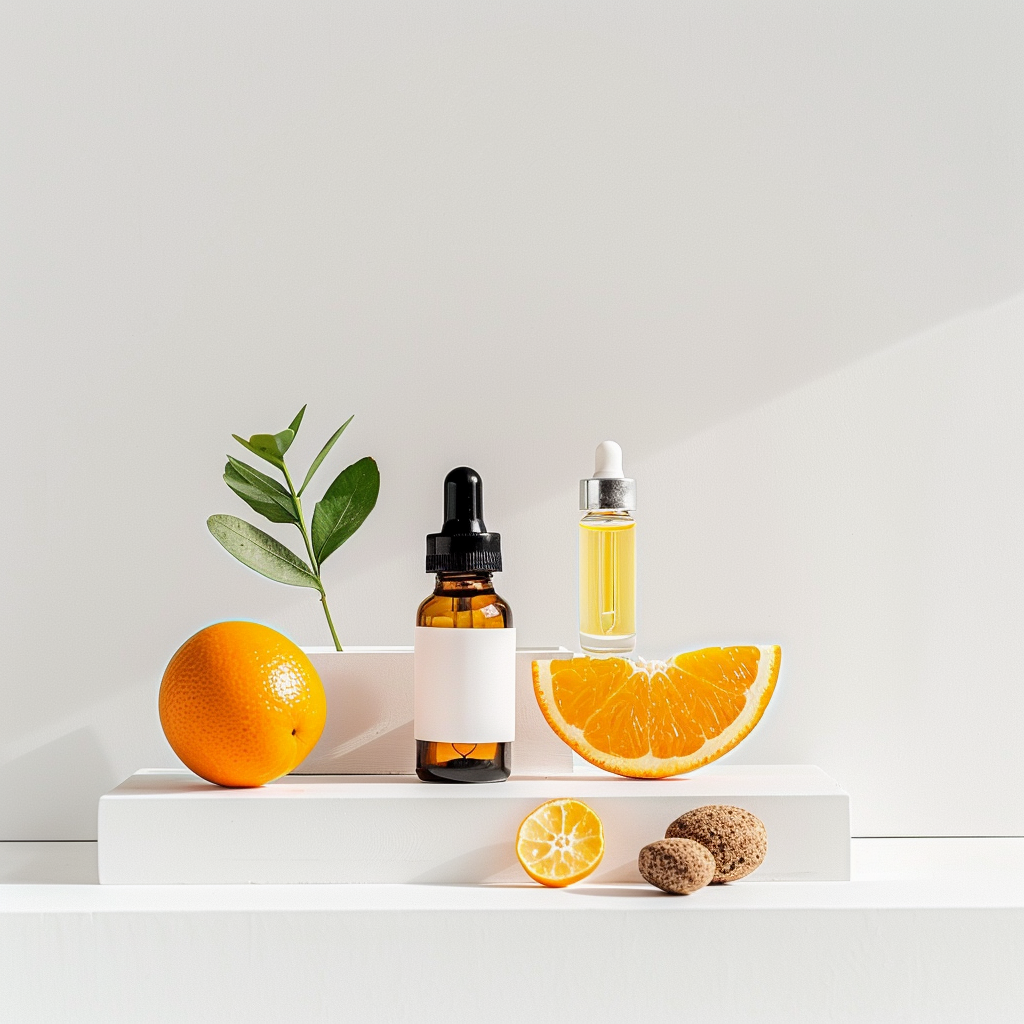 A minimalist display of Vitamin C products, including a supplement bottle, serum, and an orange slice.