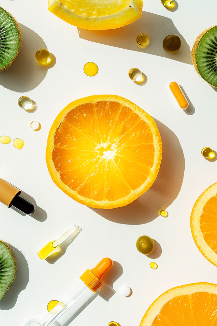 A sliced orange glowing with health benefits, surrounded by subtle symbols of Vitamin C like serum, capsules, and fruits.