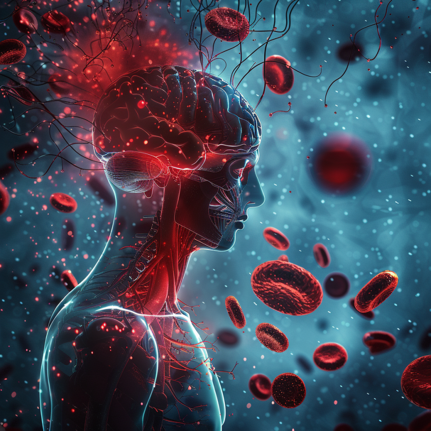 A depiction of oxygen-carrying red blood cells and the human brain showing iron’s vital role in neurotransmitter production