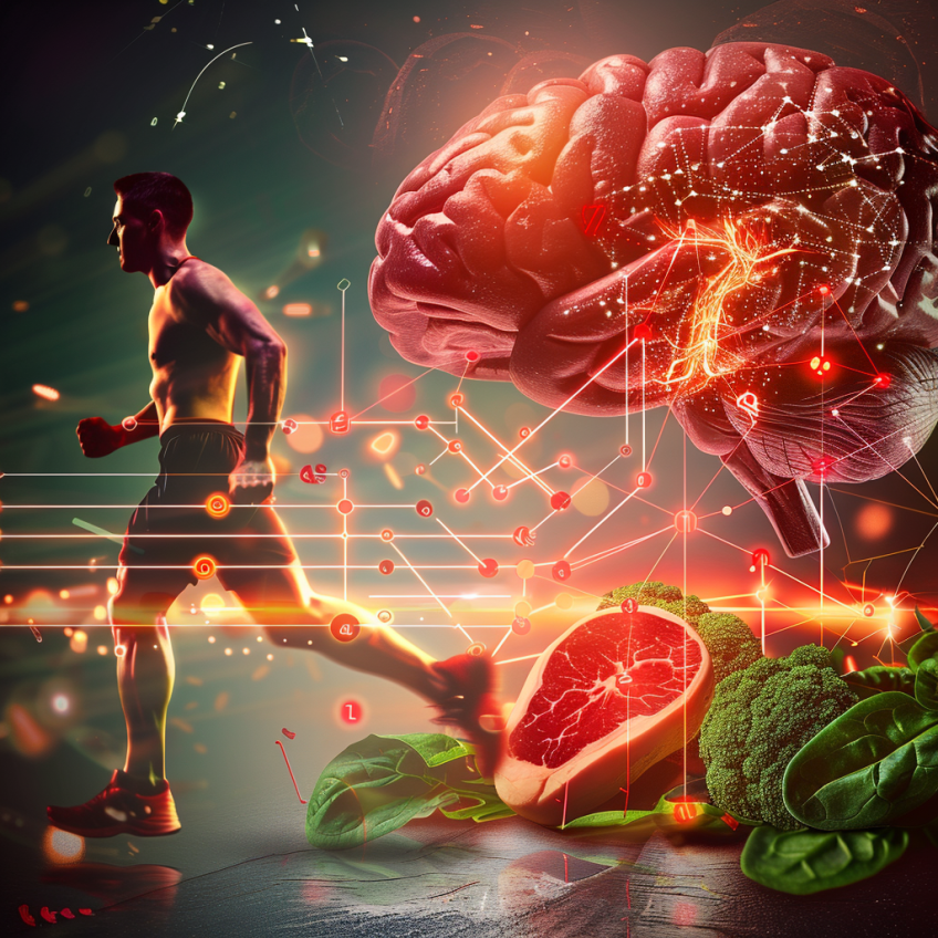 Visualization of iron-rich foods and neurotransmitter pathways in the brain, highlighting iron's vital role in modern health.