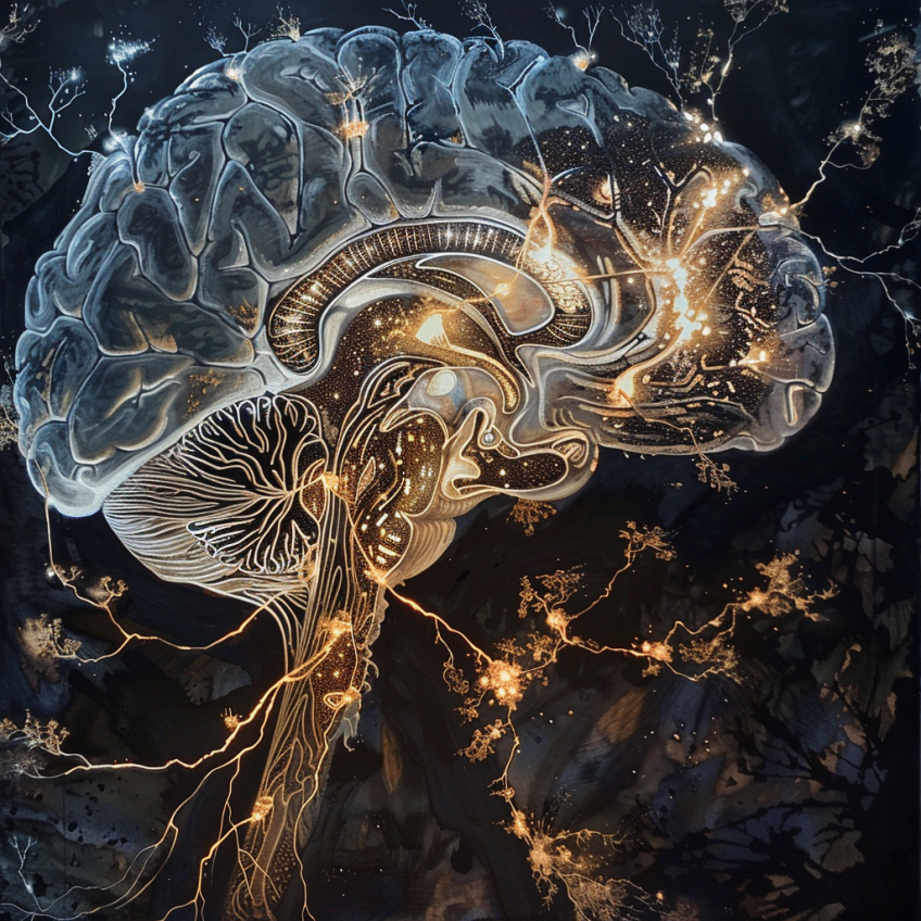 Brain illustration showing dopamine and serotonin pathways influenced by iron, symbolizing the connection between iron and hormones